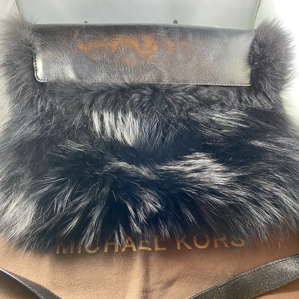 MK Jet Black Fox Fur/Black Leather Flat Crossbody - Picture 2 of 8